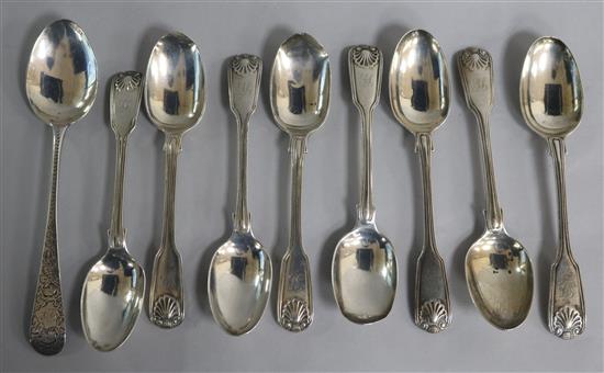 A matched set of Victorian silver fiddle, thread and shell pattern teaspoons and a earlier silver dessert spoon, 9 oz.